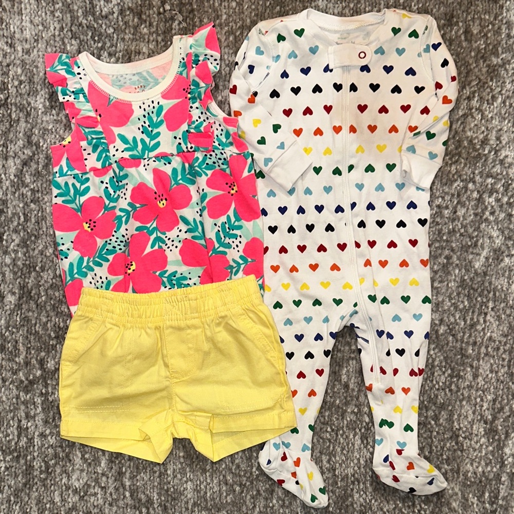 NWOT floral bubble romper & shorts + rainbow heart zipper footie sleeper 3/6mo
